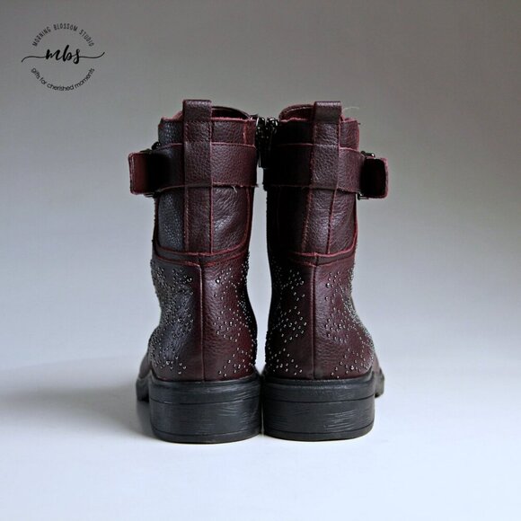 EUC Vince Camuto Tanowie Studded Side Zip Combat Boots Burgundy Women 8.5 - Picture 6 of 13
